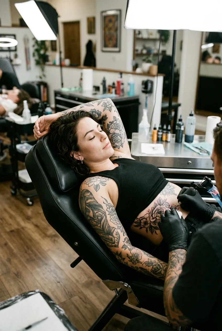 Woman lying on tattoo chair with arm raised exposing ribcage during an active tattoo session