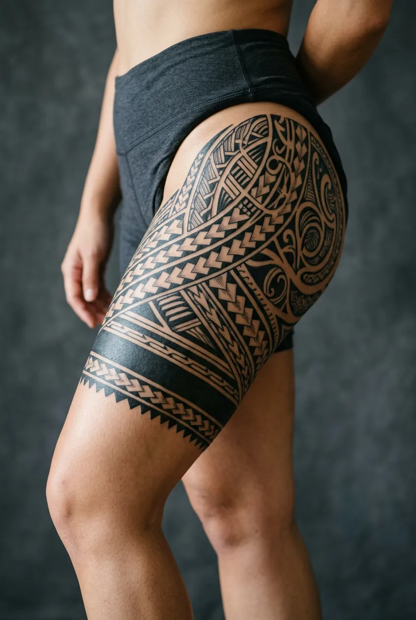 Woman's thigh showing a bold Samoan pe'a-inspired tribal thigh wrap tattoo in flowing geometric blackwork