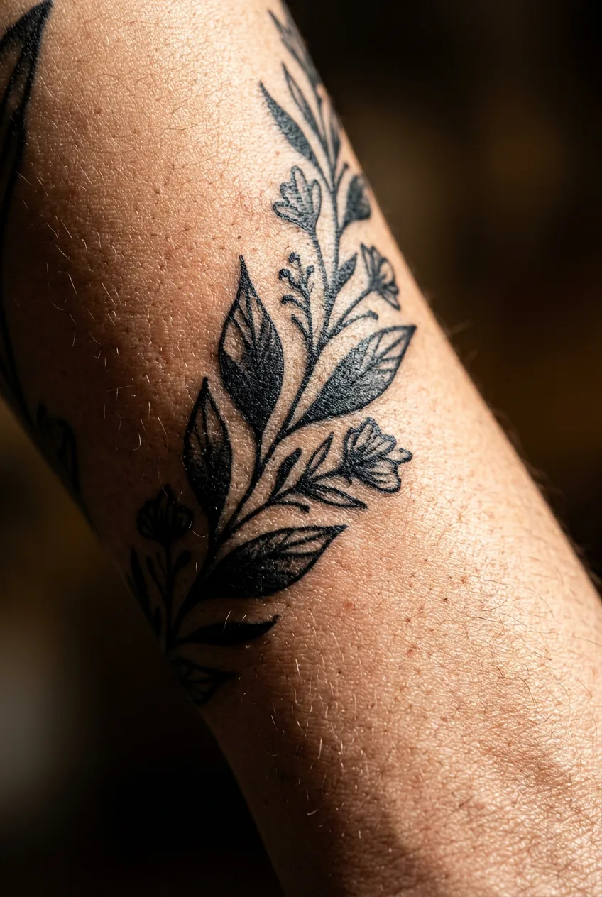 Close-up macro of saturated pure-black botanical tattoo with crisp ink edges on a woman's forearm in studio light