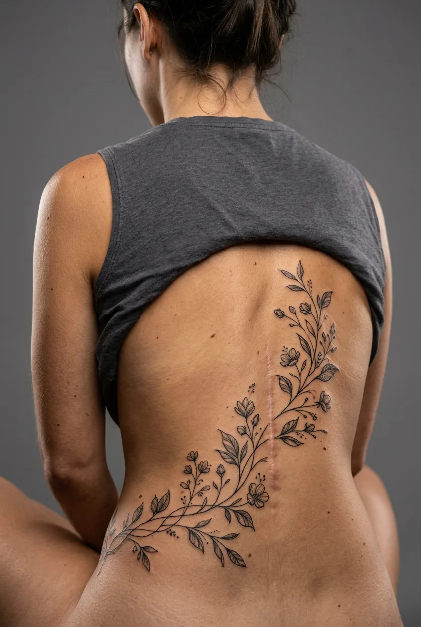 Close-up of a woman's lower back showing a botanical vine tattoo designed artfully around a visible scar