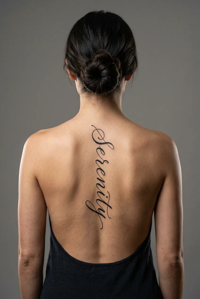 Woman with single word tattooed vertically along spine in custom script, minimal back composition in studio setting