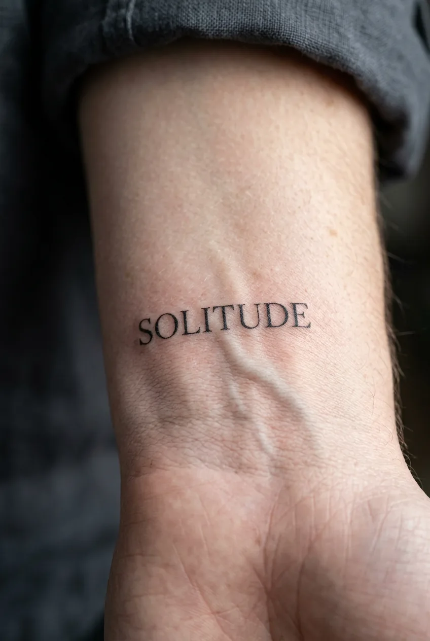 Macro photograph of a single word in fine serif script tattooed on a woman's inner wrist over the pulse point