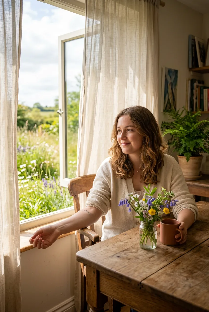 Woman with a fine-line script tattoo on her inner forearm sitting near a sunlit window with wildflowers