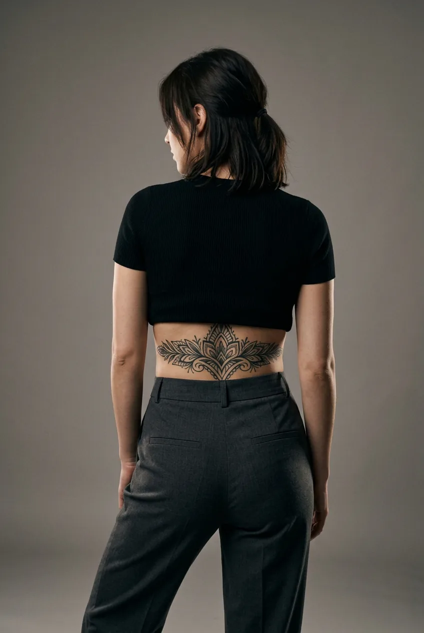 Short-torso woman showing a wide horizontal symmetrical lower back tattoo just above the waistband in studio