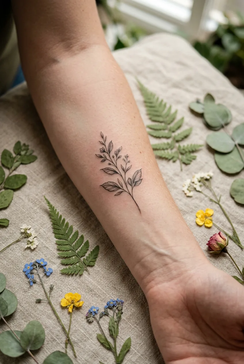 Close-up of a woman's inner forearm showing ultra-fine single-needle sprig tattoo with leaf veining beside pressed flowers