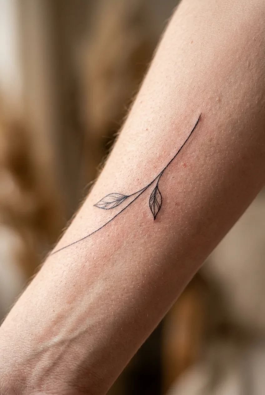 Close-up of a fine line single botanical stem with two small leaves tattooed on a woman's outer forearm in studio lighting
