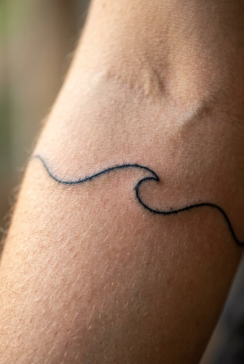 Macro photograph of a single continuous wave line tattoo on a woman's inner forearm with ink diffusion visible