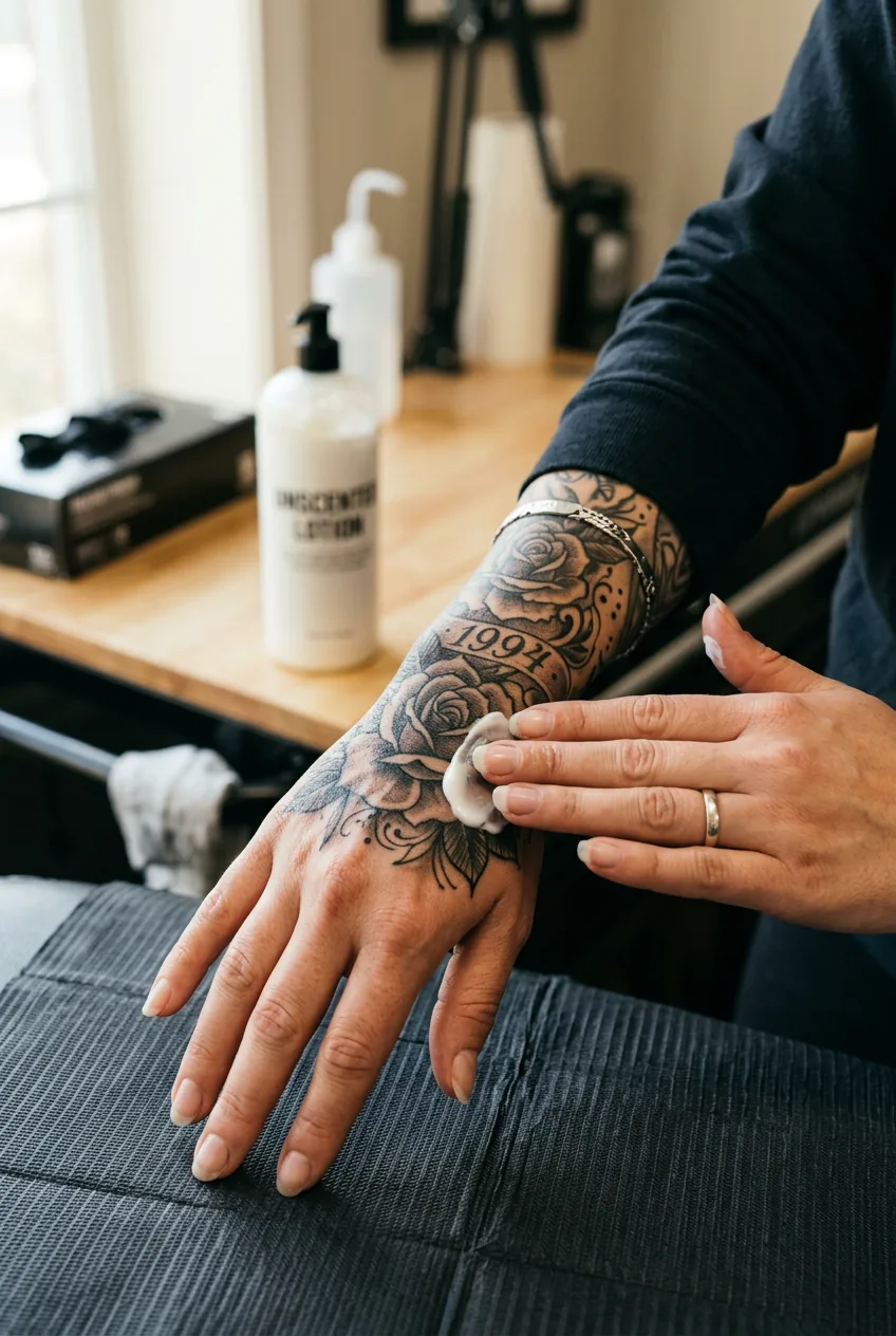 Close-up of tattooed woman's wrist with healed chicano rose tattoo while applying moisturizer lotion in soft window light