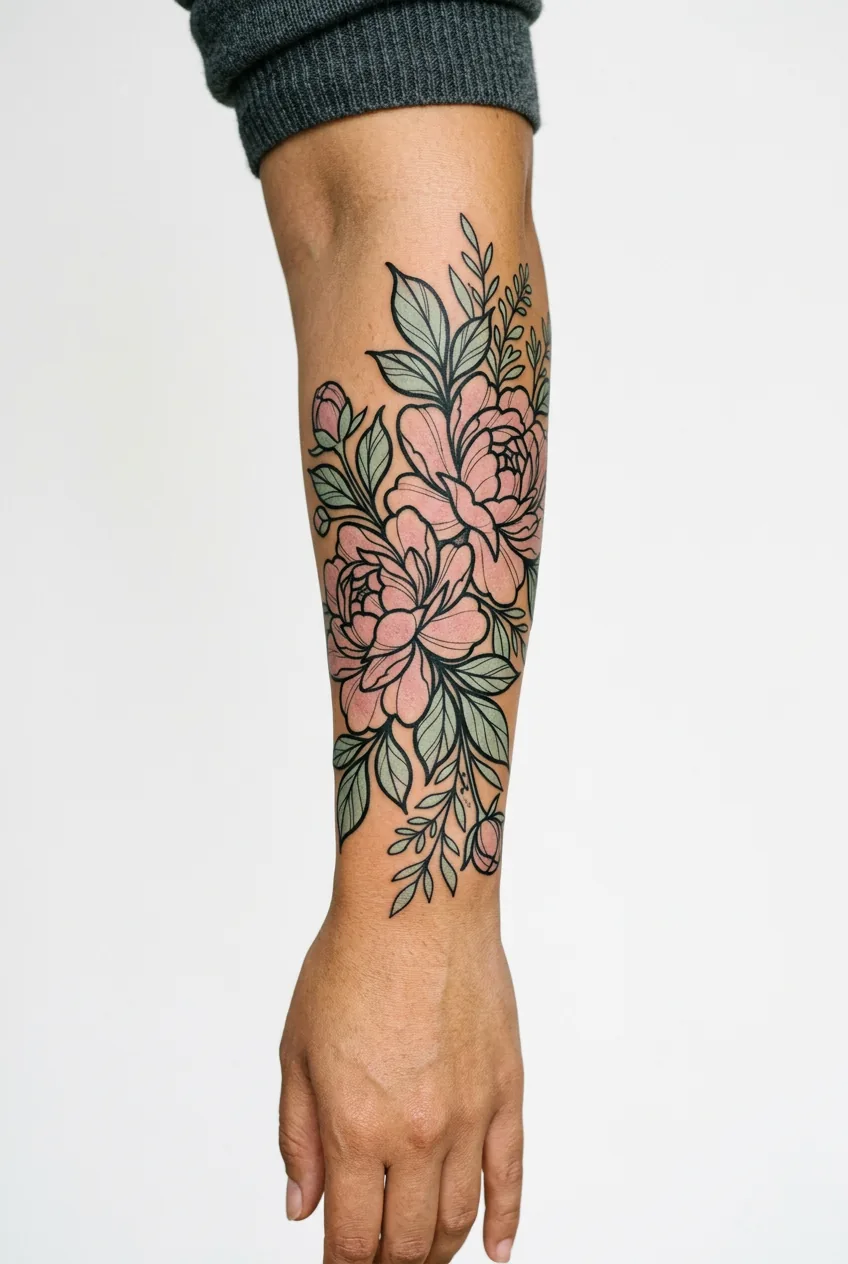Woman's shoulder blade with a misty lavender watercolor landscape tattoo featuring subtle fine line structure underneath