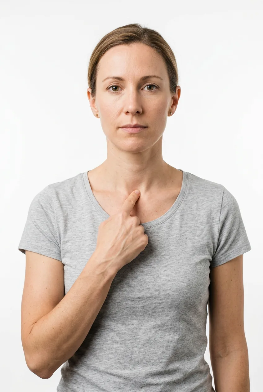 Woman pointing precisely with one finger to the top center of her sternum bone in studio lighting
