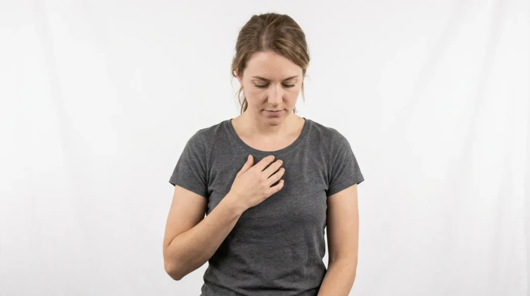 Woman in studio touching her sternum thoughtfully, demonstrating chest tattoo placement awareness
