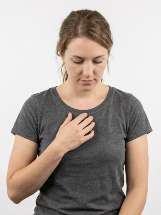 Woman in studio touching her sternum thoughtfully, demonstrating chest tattoo placement awareness