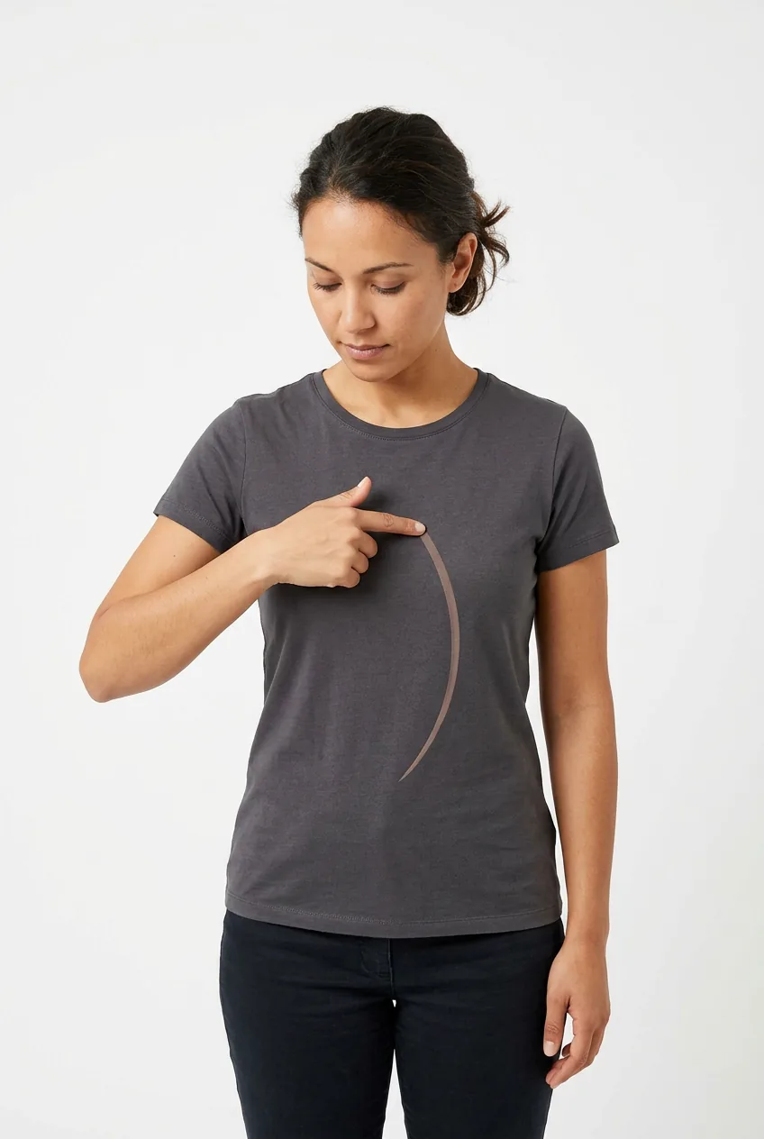 Woman tracing a curved line downward from sternum to demonstrate directional tattoo flow on body
