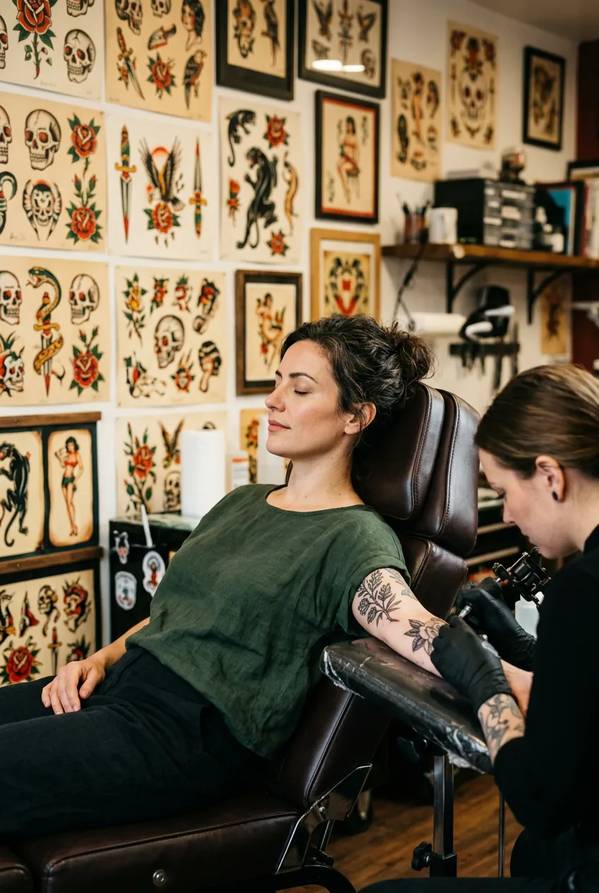 Woman sitting still with eyes closed in a tattoo chair, flash art visible behind her
