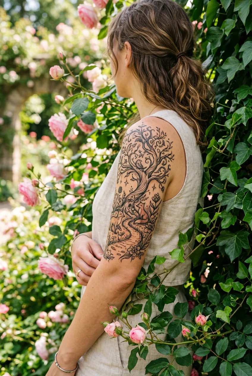 Woman's upper arm with storybook-style illustrative tattoo featuring expressive line variation surrounded by roses and ivy