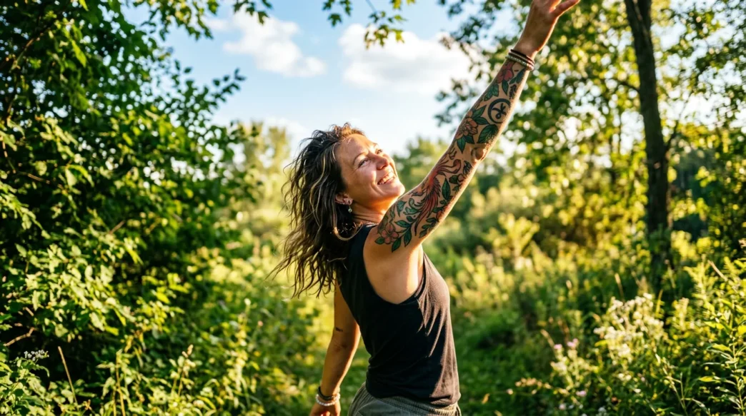 Tattooed woman reaching upward outdoors in summer sunlight showing upper arm tattoo in golden hour light