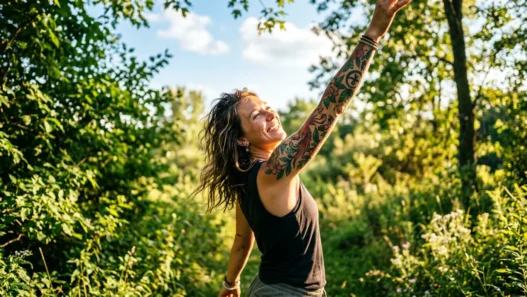 Tattooed woman reaching upward outdoors in summer sunlight showing upper arm tattoo in golden hour light