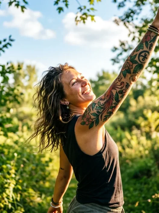 Tattooed woman reaching upward outdoors in summer sunlight showing upper arm tattoo in golden hour light