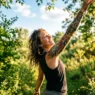Tattooed woman reaching upward outdoors in summer sunlight showing upper arm tattoo in golden hour light
