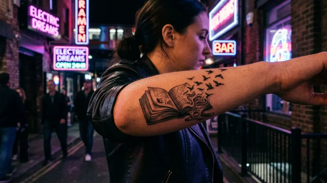 Surrealist open book tattoo on woman's forearm with text dissolving into birds under pink and purple neon light