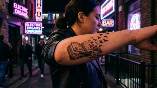 Surrealist open book tattoo on woman's forearm with text dissolving into birds under pink and purple neon light