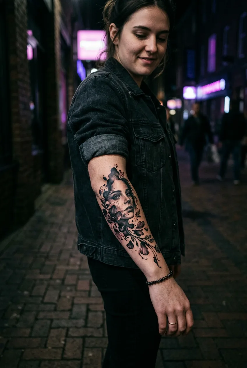 Surrealist portrait tattoo on woman's forearm showing face dissolving into abstract petals under pink neon light