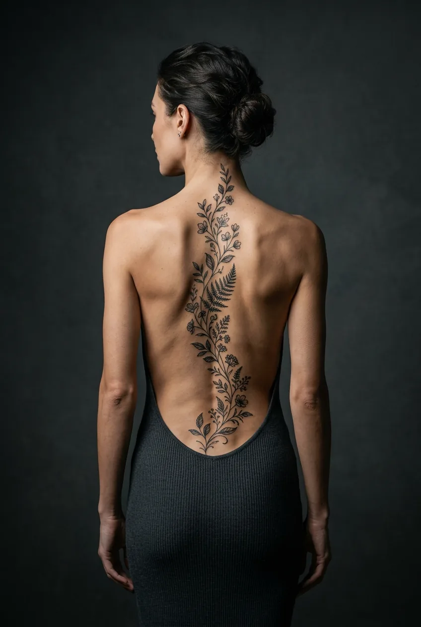 Tall lean woman's back featuring a vertical vine and botanical tattoo extending from lower back up the spine