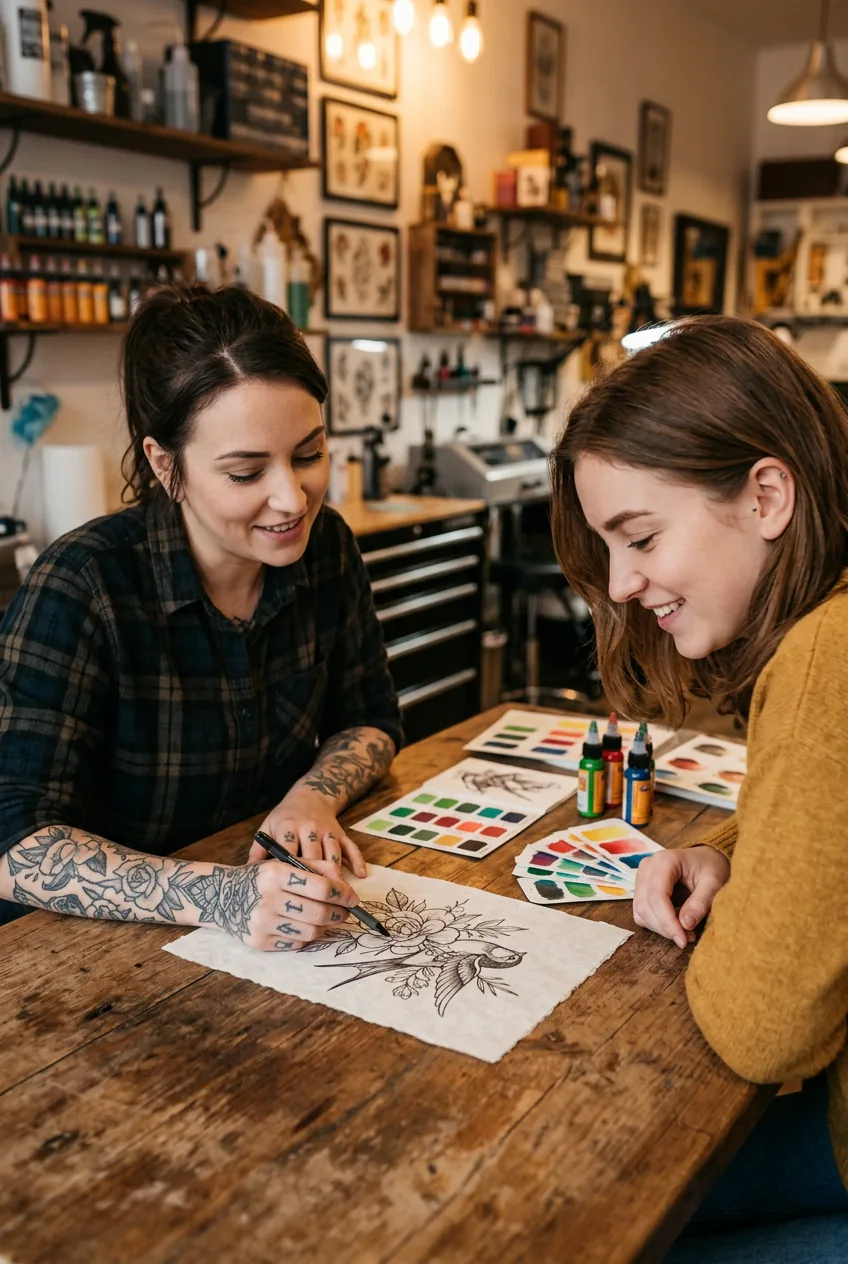 Tattoo artist pointing at a sketch during consultation while client leans in with color swatches visible on the table