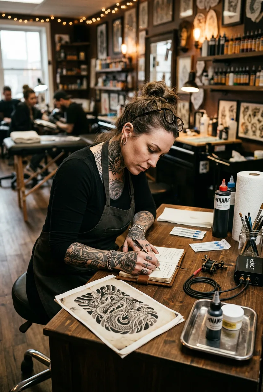 Tattooed woman writing brief notes in notebook beside single printed reference image on tattoo studio desk