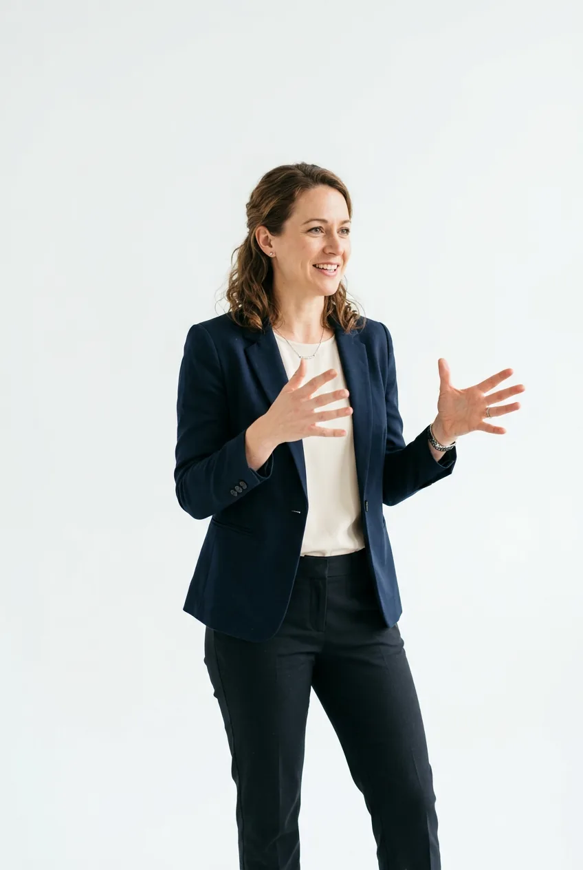 Woman in bright studio setting using expressive hand gestures as if explaining a tattoo brief