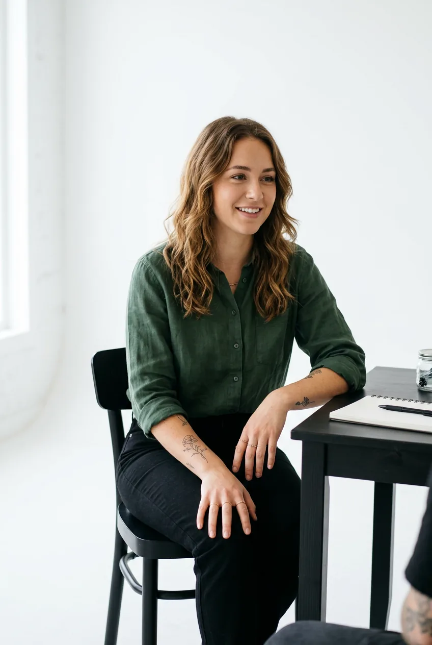 Woman sitting in engaged consultation posture with hands on knees, leaning slightly forward in bright studio