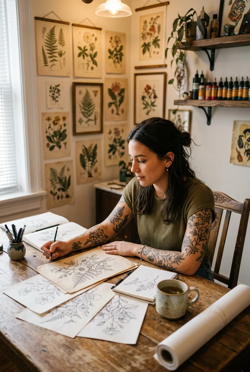 Woman reviewing fine-line botanical tattoo sketches at a studio consultation table with tattooed forearms visible