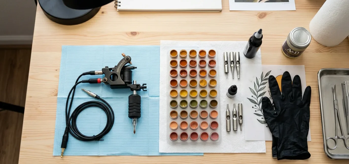 Overhead view of tattoo workstation with warm-toned pigment caps and tattoo machine arranged neatly under studio lights