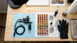 Overhead view of tattoo workstation with warm-toned pigment caps and tattoo machine arranged neatly under studio lights
