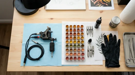 Overhead view of tattoo workstation with warm-toned pigment caps and tattoo machine arranged neatly under studio lights