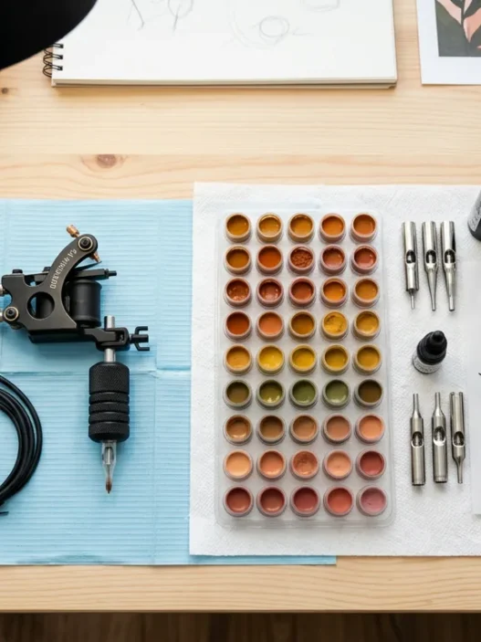 Overhead view of tattoo workstation with warm-toned pigment caps and tattoo machine arranged neatly under studio lights