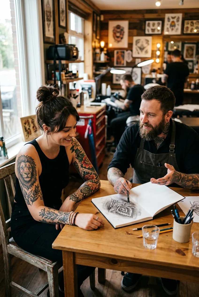 Woman sitting at tattoo studio consultation with bare upper arm visible reviewing design sketch with artist