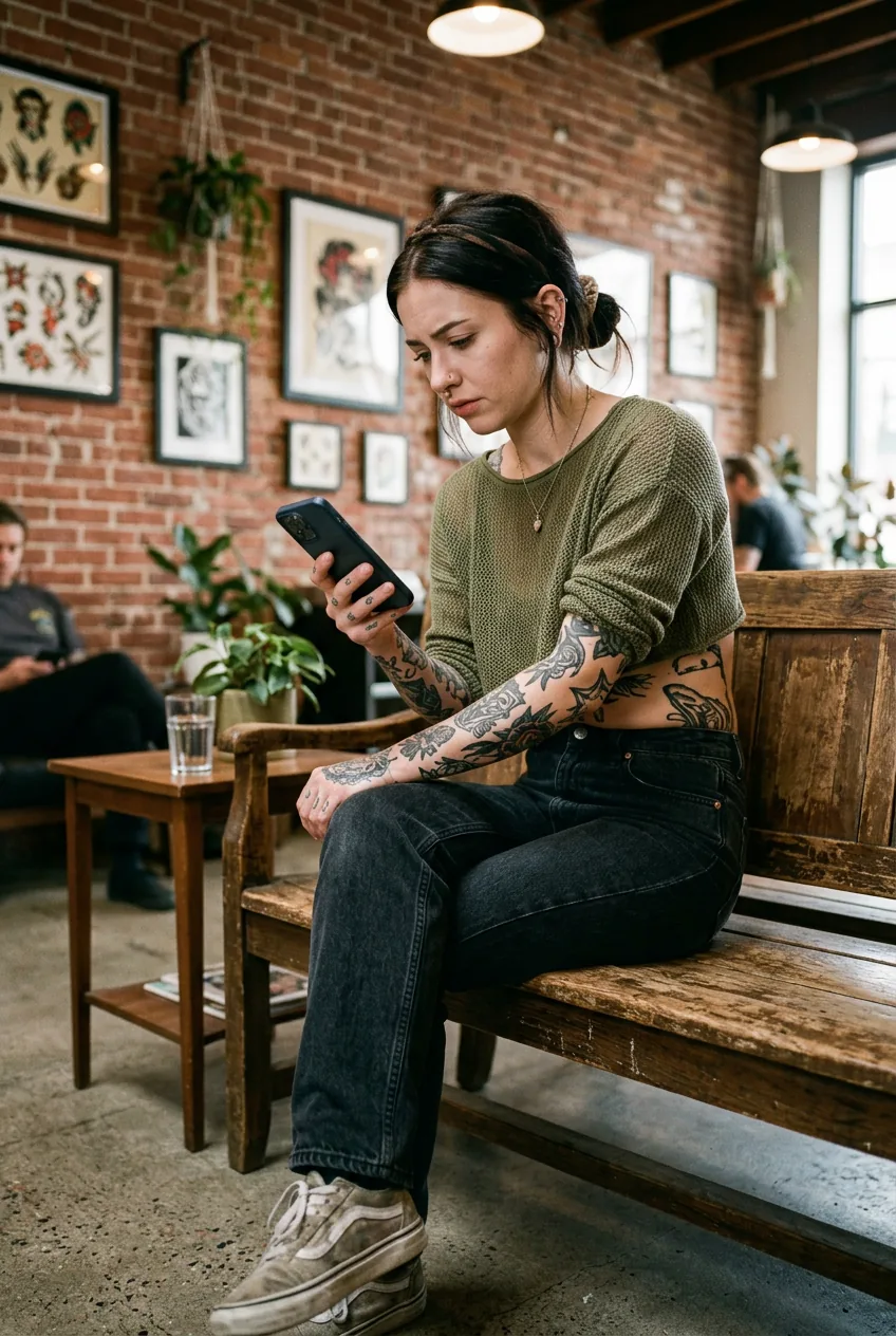 Woman with ribcage tattoo sitting on wooden bench in modern tattoo studio waiting room with exposed brick wall