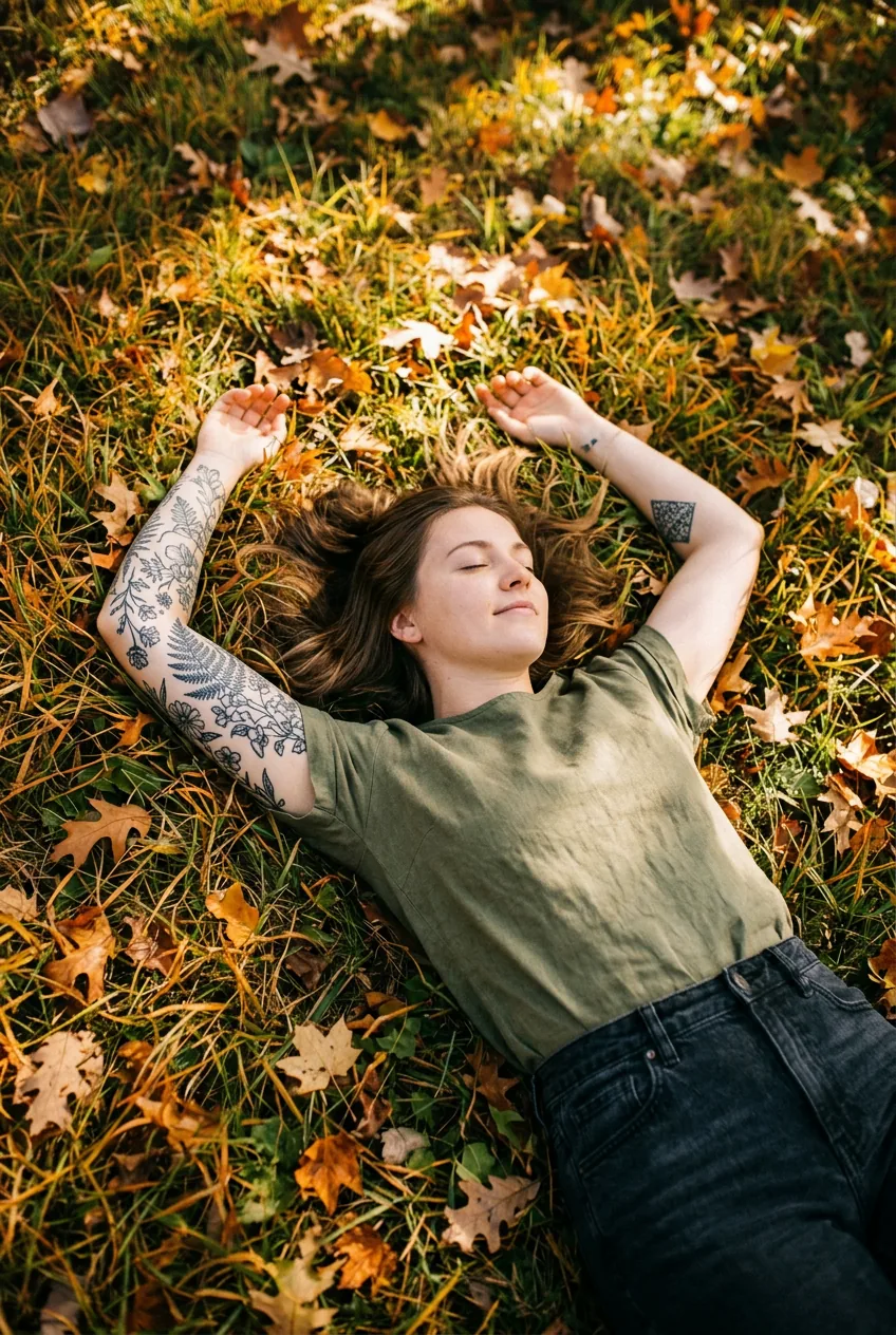 Tattooed woman lying in autumn grass with both arms extended showing upper arm tattoo in dappled tree light