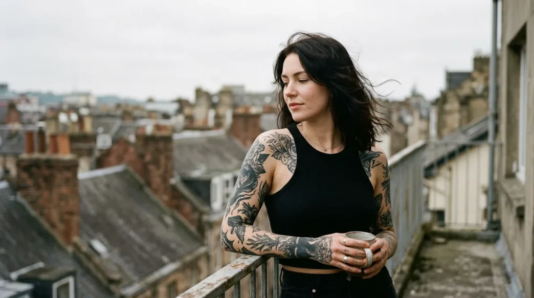 Tattooed woman standing on urban balcony with soft overcast sky and wind lifting her hair