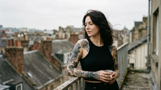 Tattooed woman standing on urban balcony with soft overcast sky and wind lifting her hair