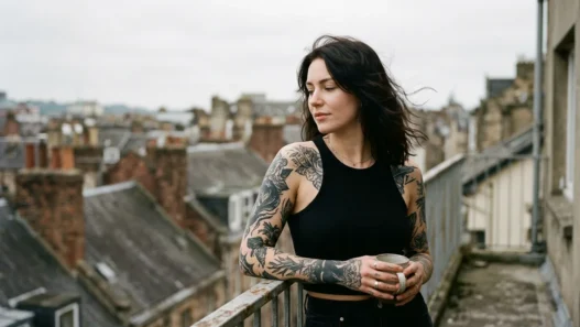 Tattooed woman standing on urban balcony with soft overcast sky and wind lifting her hair