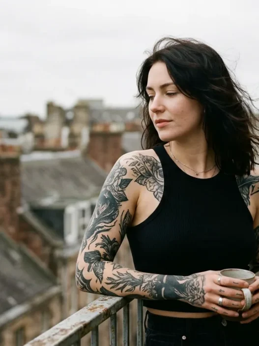 Tattooed woman standing on urban balcony with soft overcast sky and wind lifting her hair