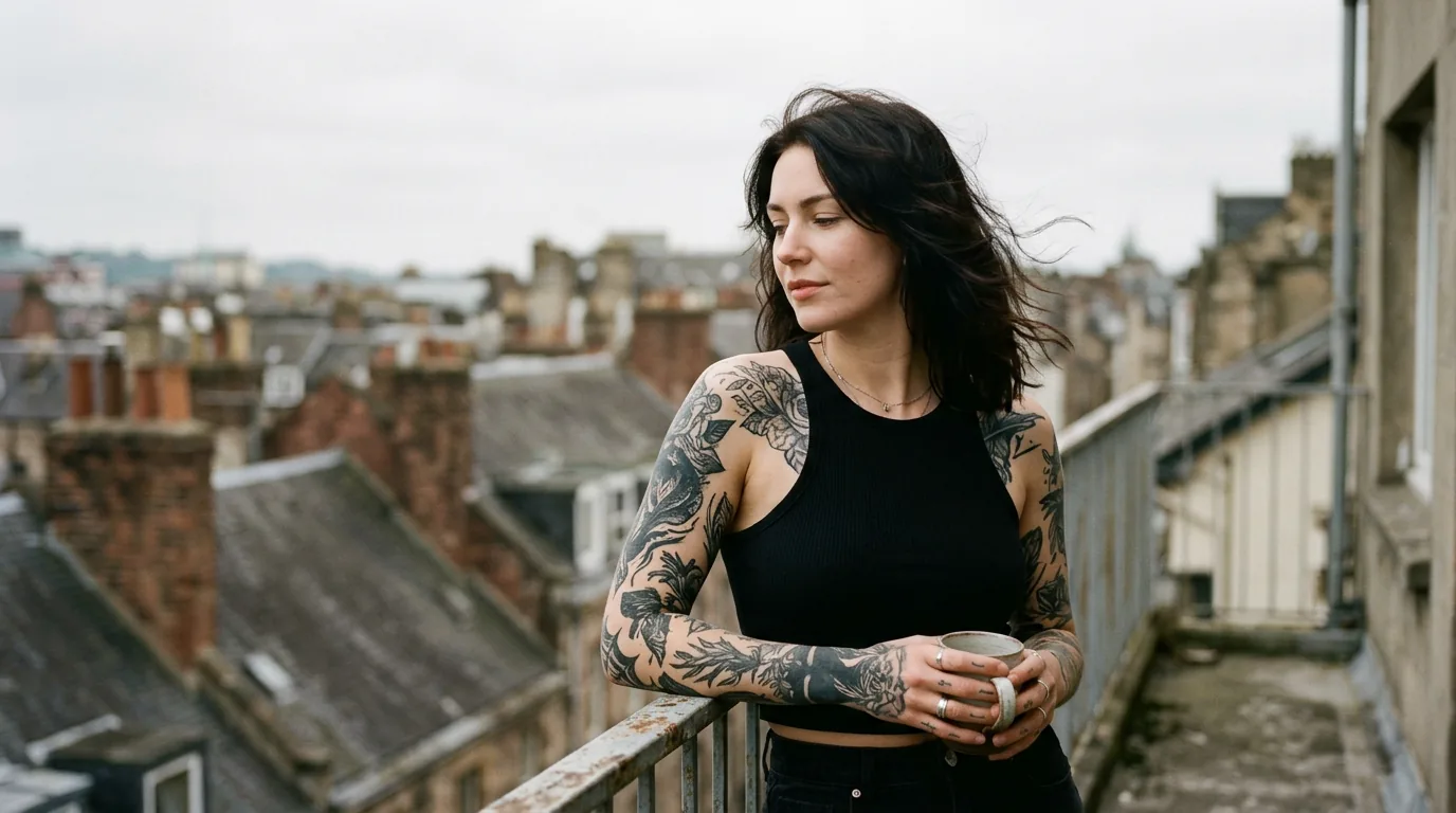 Tattooed woman standing on urban balcony with soft overcast sky and wind lifting her hair