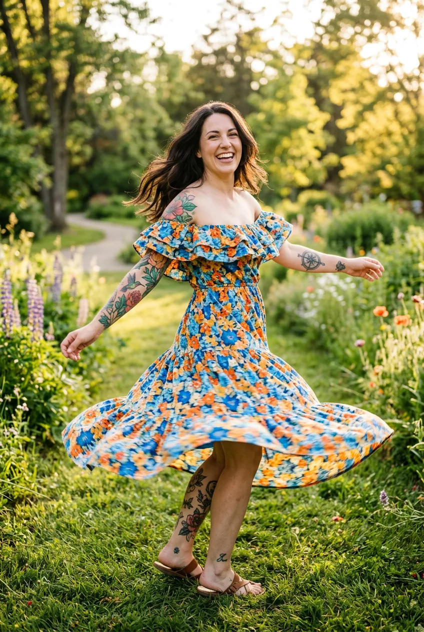 Tattooed woman in off-shoulder sundress spinning outdoors with upper arm tattoo catching afternoon light