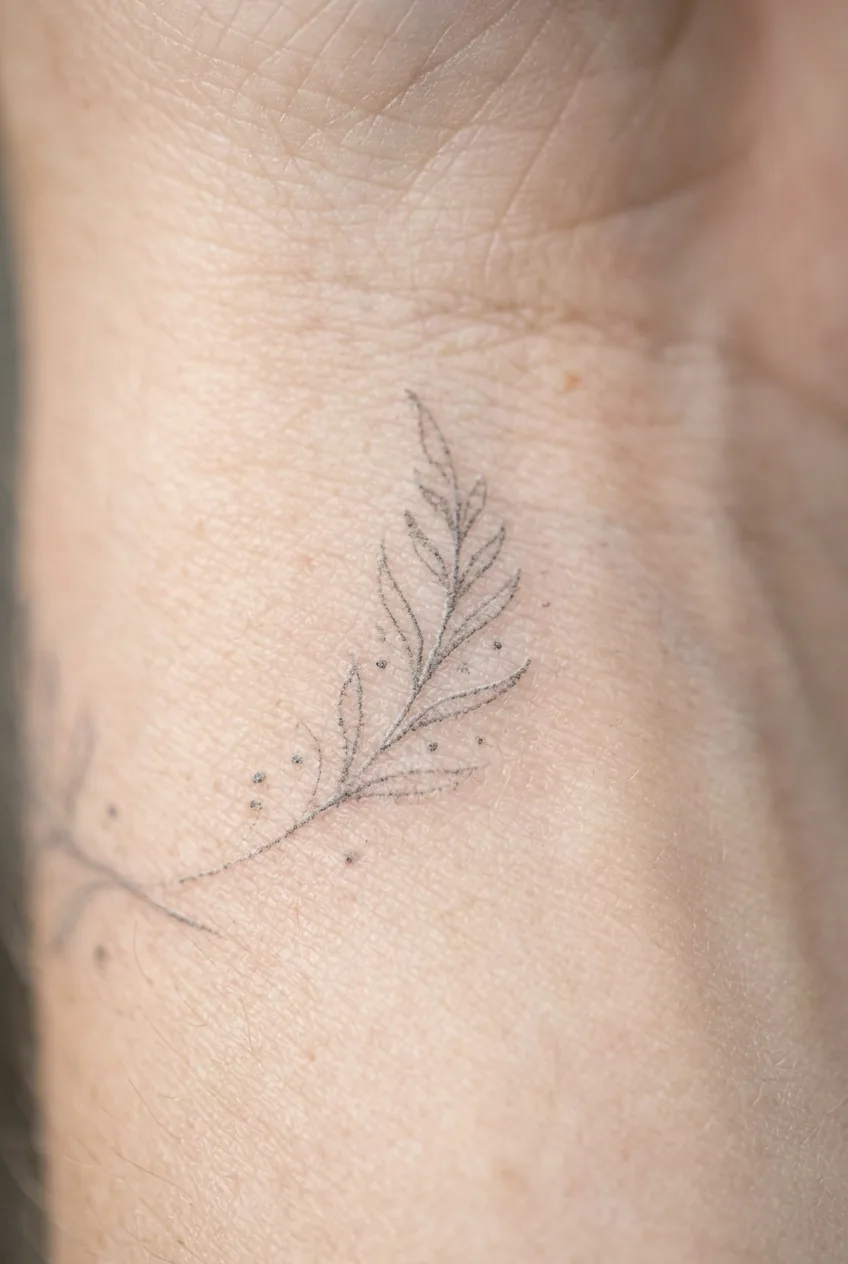 Extreme macro of ultra-fine pale grey line work tattoo on a woman's wrist showing individual ink pigment particles