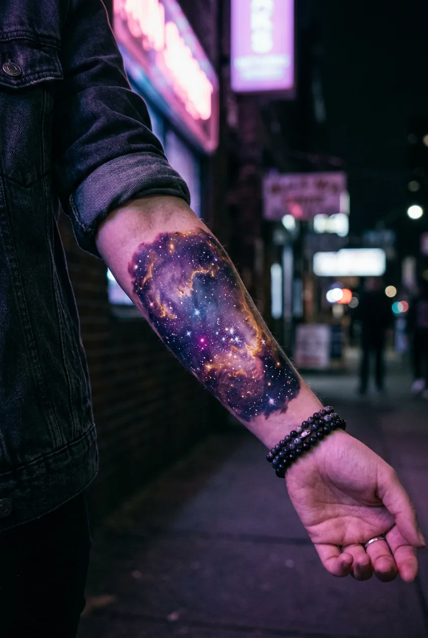 Universe-under-skin tattoo on woman's inner arm showing nebulas and star clusters under warm neon night light