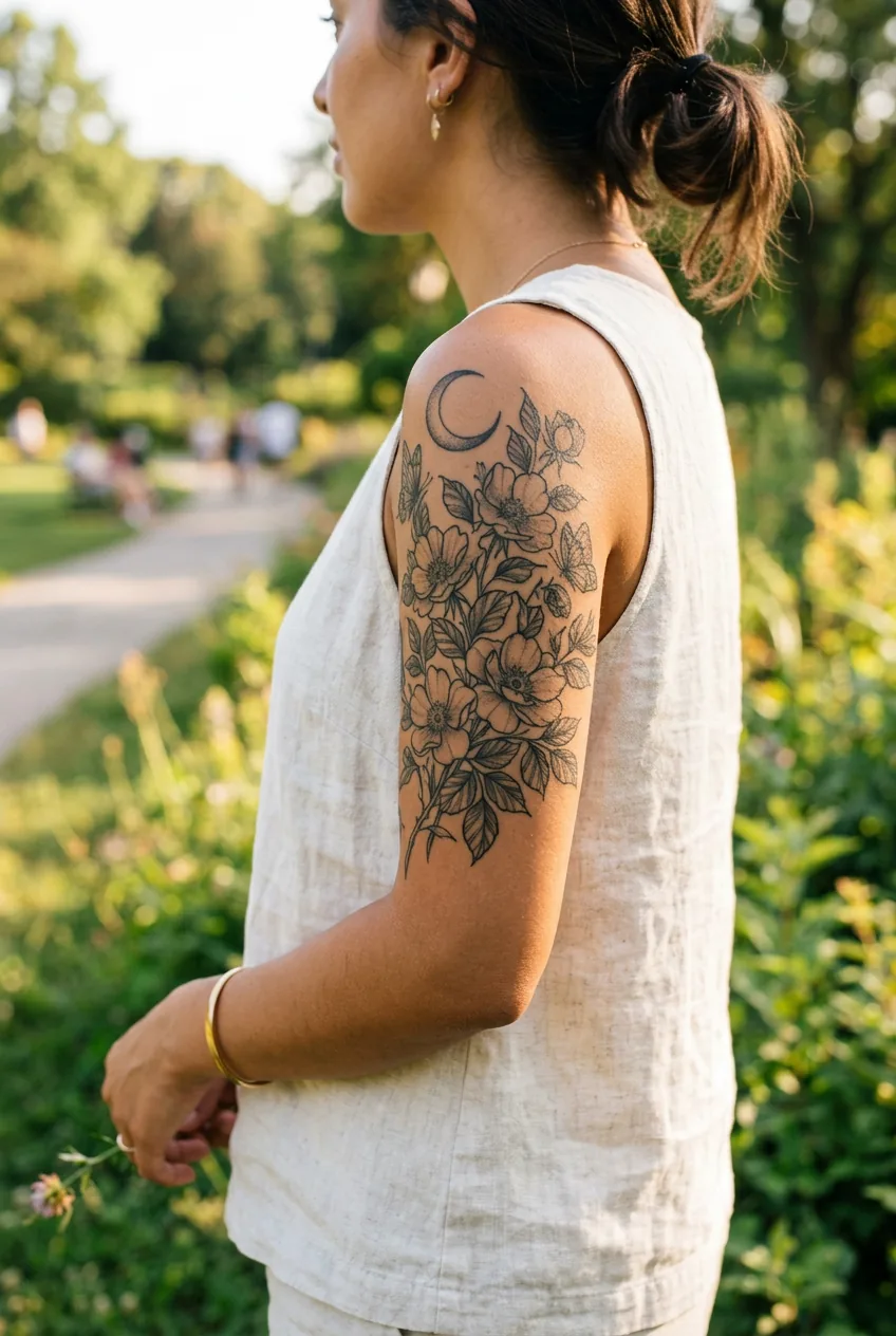 Woman with tattooed upper arm wearing sleeveless linen top in a sun-drenched park with soft background bokeh