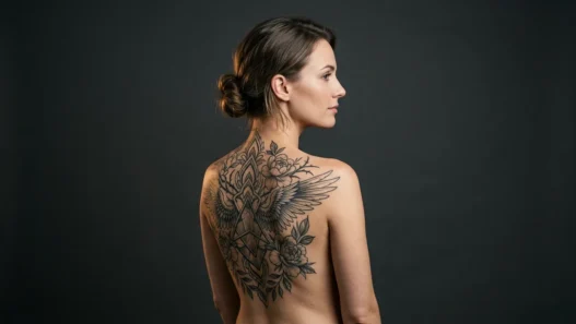 Woman showing large custom illustrative upper back tattoo spanning both shoulder blades in editorial studio lighting
