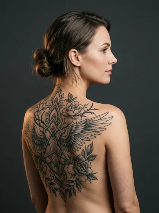 Woman showing large custom illustrative upper back tattoo spanning both shoulder blades in editorial studio lighting